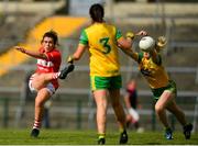 25 August 2018; Doireann O’Sullivan of Cork has her shot blocked by Karen Guthrie of Donegal during the TG4 All-Ireland Ladies Football Senior Championship Semi-Final match between Cork and Donegal at Dr Hyde Park in Roscommon. Photo by Eóin Noonan/Sportsfile