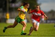 25 August 2018; Niamh Hegarty of Donegal in action against Melissa Duggan of Cork during the TG4 All-Ireland Ladies Football Senior Championship Semi-Final match between Cork and Donegal at Dr Hyde Park in Roscommon. Photo by Piaras Ó Mídheach/Sportsfile
