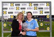 25 August 2018; Lyndsey Davey of Dublin is presented with the player of the match award by President of LGFA, Máire Hickey following the TG4 All-Ireland Ladies Football Senior Championship Semi-Final match between Dublin and Galway at Dr Hyde Park in Roscommon. Photo by Eóin Noonan/Sportsfile