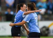 25 August 2018; Dublin players Siobhán McGrath, left, and Niamh Collins celebrate after the TG4 All-Ireland Ladies Football Senior Championship Semi-Final match between Dublin and Galway at Dr Hyde Park in Roscommon. Photo by Piaras Ó Mídheach/Sportsfile