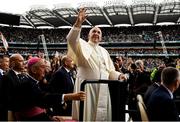 25 August 2018; Pope Francis arrives during The Festival of Families at Croke Park in Dublin. Photo by Stephen McCarthy/Sportsfile