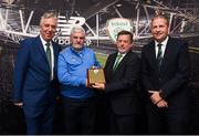 25 August 2018; FAI President Donal Conway presents a plack to Sean Dempsey from North End United with FAI CEO John Delaney and Maurice Johnston President of the IFA Junior Committe at the President's Junior Cup Final match between North End United and Enniskillen Rangers at Home Farm FC in Whitehall, Dublin Photo by Matt Browne/Sportsfile