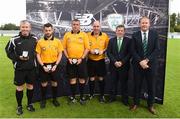 25 August 2018; FAI President Donal Conway Maurice Johnston President of the IFA Junior Committe with the match officials after the President's Junior Cup Final match between North End United and Enniskillen Rangers at Home Farm FC in Whitehall, Dublin Photo by Matt Browne/Sportsfile