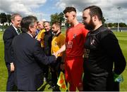 25 August 2018; Donal Conway President of the FAI shakes hands with Enniskillen Rangers captain Richard Johnston before the President's Junior Cup Final match between North End United and Enniskillen Rangers at Home Farm FC in Whitehall, Dublin Photo by Matt Browne/Sportsfile