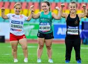 26 August 2018; Niamh McCarthy of Ireland, centre, Renata Sliwinska of Poland, left, and Lara Baars of Netherlands after competing in the F41 Discus during the 2018 World Para Athletics European Championships at Friedrich-Ludwig-Jahn-Sportpark in Berlin, Germany. Photo by Luc Percival/Sportsfile