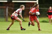 26 August 2018; Ceire Nolan of Louth in action against Katy Holly of Derry during the TG4 All-Ireland Junior Championship Semi Final match between Derry and Louth at Aghaloo O'Neills in Aughnacloy, Co. Tyrone. Photo by Oliver McVeigh/Sportsfile