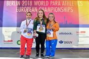 26 August 2018; Medallists in the the F41 Discus, from left, silver medallist Renata Sliwinska of Poland, gold medallist Niamh McCarthy of Ireland, and bronze medallist Lara Baars of Netherlands during the 2018 World Para Athletics European Championships at Friedrich-Ludwig-Jahn-Sportpark in Berlin, Germany. Photo by Luc Percival/Sportsfile