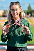 26 August 2018; Orla Comerford of Ireland with her Bronze medals from the the Women's T13 100m and 200m event's during the 2018 World Para Athletics European Championships at Friedrich-Ludwig-Jahn-Sportpark in Berlin, Germany. Photo by Luc Percival/Sportsfile