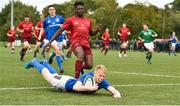 26 August 2018; Jamie Osbourne of Leinster scores his side's first try during the U18 Youths Interprovincial match between Leinster and Munster at the University of Limerick in Limerick.  Photo by Matt Browne/Sportsfile