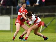 26 August 2018; Michelle McMahon of Louth in action against Claragh Connor of Derry during the TG4 All-Ireland Junior Championship Semi Final match between Derry and Louth at Aghaloo O'Neills in Aughnacloy, Co. Tyrone. Photo by Oliver McVeigh/Sportsfile