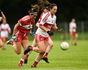 26 August 2018; Megan Devine of Derry in action against Sinead Woods of Louth during the TG4 All-Ireland Junior Championship Semi Final match between Derry and Louth at Aghaloo O'Neills in Aughnacloy, Co. Tyrone. Photo by Oliver McVeigh/Sportsfile