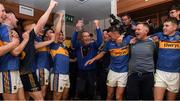 26 August 2018; Tipperary manager Liam Cahill celebrates on his arrival back into the winning dressing room after the Bord Gais Energy GAA Hurling All-Ireland U21 Championship Final match between Cork and Tipperary at the Gaelic Grounds in Limerick. Photo by Piaras Ó Mídheach/Sportsfile