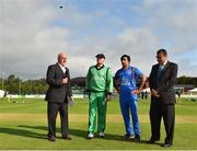27 August 2018; Captains William Porterfield of Ireland, Asghar Afghan of Afghanistan, are joined by match referee Ranjan Madugalle, right, and presenter John Kenny, left, for the coin toss prior to the One Day International match between Ireland and Afghanistan at Stormont Cricket Ground, Belfast, Co. Antrim. Photo by Seb Daly/Sportsfile
