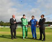 27 August 2018; Captains William Porterfield of Ireland, Asghar Afghan of Afghanistan, are joined by match referee Ranjan Madugalle, right, and presenter John Kenny, left, for the coin toss prior to the One Day International match between Ireland and Afghanistan at Stormont Cricket Ground, Belfast, Co. Antrim. Photo by Seb Daly/Sportsfile