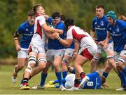 26 August 2018; Hugo O'Malley of Leinster is tackled by Will Hopes and Tom Stewart of Ulster during the U18 Schools Interprovincial match between Leinster and Ulster at the University of Limerick in Limerick. Photo by Matt Browne/Sportsfile