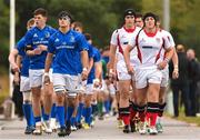26 August 2018; Jack Barry of Leinster and Tom Stewart captain of Ulster lead the teams out before the U18 Schools Interprovincial match between Leinster and Ulster at the University of Limerick in Limerick. Photo by Matt Browne/Sportsfile