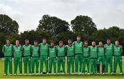 27 August 2018; Ireland players during the national anthem prior to the One Day International match between Ireland and Afghanistan at Stormont Cricket Ground, Belfast, Co. Antrim. Photo by Seb Daly/Sportsfile