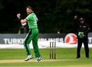 27 August 2018; Boyd Rankin of Ireland celebrates after trapping Gulbadin Naib of Afghanistan LBW during the One Day International match between Ireland and Afghanistan at Stormont Cricket Ground, Belfast, Co. Antrim. Photo by Seb Daly/Sportsfile