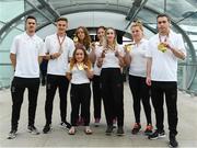 27 August 2018; Team Ireland athletes, from left, David Leavy, Jordan Lee, Niamh McCarthy, Greta Streimikyte, Orla Barry, Orla Comerford, Noelle Lenihan and Jason Smyth as they return to Dublin from the 2018 World Para Athletics European Championships at Dublin Airport in Dublin. Photo by Sam Barnes/Sportsfile