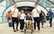 27 August 2018; John Fulham, President of Paralympics Ireland, with Team Ireland medallists, from left, Noelle Lenihan, Niamh McCarthy, and Orla Barry as they return to Dublin from the 2018 World Para Athletics European Championships at Dublin Airport in Dublin. Photo by Sam Barnes/Sportsfile