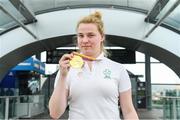 27 August 2018; Noelle Lenihan of Ireland with her Gold medal from the F38 Discus event as Team Ireland return from the 2018 World Para Athletics European Championships at Dublin Airport in Dublin. Photo by Sam Barnes/Sportsfile