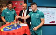 27 August 2018; Munster players Billy Holland, left, and Calvin Nash, in the company of Munster rugby committee chairman Bertie Smith make the draw for the Bank of Ireland Munster Senior Challenge Cup at the University of Limerick in Limerick. Photo by Brendan Moran/Sportsfile