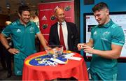 27 August 2018; Munster players Billy Holland, left, and Calvin Nash, in the company of Munster rugby committee chairman Bertie Smith make the draw for the Bank of Ireland Munster Senior Challenge Cup at the University of Limerick in Limerick. Photo by Brendan Moran/Sportsfile