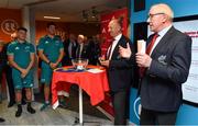 27 August 2018; Munster Branch President Ger Malone, right, speaking during the draw for the Bank of Ireland Munster Senior Challenge Cup at the University of Limerick in Limerick. Photo by Brendan Moran/Sportsfile