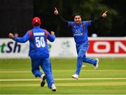 27 August 2018; Aftab Alam of Afghanistan celebrates after claiming the wicket of Paul Stirling of Ireland during the One Day International match between Ireland and Afghanistan at Stormont Cricket Ground, Belfast, Co. Antrim. Photo by Seb Daly/Sportsfile