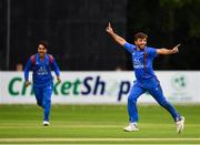 27 August 2018; Gulbadin Naib of Afghanistan celebrates after claiming the wicket of William Porterfield of Ireland during the One Day International match between Ireland and Afghanistan at Stormont Cricket Ground, Belfast, Co. Antrim. Photo by Seb Daly/Sportsfile