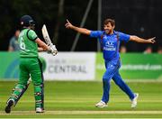 27 August 2018; Gulbadin Naib of Afghanistan celebrates after claiming the wicket of William Porterfield of Ireland during the One Day International match between Ireland and Afghanistan at Stormont Cricket Ground, Belfast, Co. Antrim. Photo by Seb Daly/Sportsfile