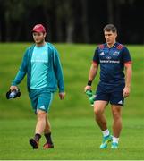 27 August 2018; Ian Keatley and Tyler Bleyendaal, left, arrive for Munster Rugby squad training at the University of Limerick in Limerick. Photo by Brendan Moran/Sportsfile