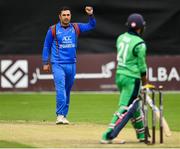 27 August 2018; Mohammad Nabi of Afghanistan reacts after claiming the wicket of Simi Singh of Ireland during the One Day International match between Ireland and Afghanistan at Stormont Cricket Ground, Belfast, Co. Antrim. Photo by Seb Daly/Sportsfile