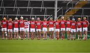 26 August 2018; The Cork team stand for the national anthem ahead of the Bord Gais Energy GAA Hurling All-Ireland U21 Championship Final match between Cork and Tipperary at the Gaelic Grounds in Limerick. Photo by Sam Barnes/Sportsfile