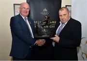 28 August 2018; Former Limerick hurler Leonard Enright, right, is presented with his award by Uachtarain Cumann Luthchleas Gael John Horan after being announced as a 2018 inductee into the GAA Museum Hall of Fame at the GAA Museum Auditorium at Croke Park in Dublin. Photo by Seb Daly/Sportsfile