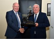 28 August 2018; Former Armagh footballer Joe Kernan, right, is presented with his award by Uachtarain Cumann Luthchleas Gael John Horan after being announced as a 2018 inductee into the GAA Museum Hall of Fame at the GAA Museum Auditorium at Croke Park in Dublin. Photo by Seb Daly/Sportsfile