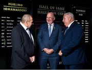 28 August 2018; Former Limerick hurler Leonard Enright, left, and former Armagh footballer Joe Kernan, alongside Uachtarain Cumann Luthchleas Gael John Horan, after being announced as the 2018 inductees into the GAA Museum Hall of Fame at the GAA Museum Auditorium at Croke Park in Dublin. Photo by Seb Daly/Sportsfile