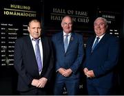 28 August 2018; Former Limerick hurler Leonard Enright, left, and former Armagh footballer Joe Kernan, alongside Uachtarain Cumann Luthchleas Gael John Horan, after being announced as the 2018 inductees into the GAA Museum Hall of Fame at the GAA Museum Auditorium at Croke Park in Dublin. Photo by Seb Daly/Sportsfile