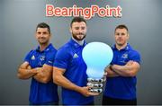 28 August 2018; At the announcement of Leinster Rugby’s new innovation partnership with BearingPoint are Leinster Rugby players, from left, Rob Kearney, Robbie Henshaw and Seán O’Brien. Management and technology consultancy BearingPoint today signed a five-year deal to become Leinster’s Rugby’s Official Innovation Partner. As Innovation Partner, BearingPoint will work with Leinster Rugby toward achieving its strategic organisational goals, including its ambitions to provide a best-in-class experience for rugby supporters at the RDS Arena, expand its fan-base and progress the use of data and analytics in both professional and domestic rugby. Photo by Ramsey Cardy/Sportsfile