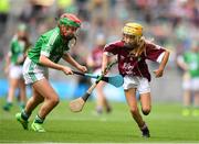 19 August 2018; Caoimhe Kelly, Scoil Bhríde, Ballinasloe, Co Galway, representing Galway, in action against Niamh Toland, St Patrick's Girls, Carndonagh, Donegal, representing Limerick, during the INTO Cumann na mBunscol GAA Respect Exhibition Go Games at the GAA Hurling All-Ireland Senior Championship Final match between Galway and Limerick at Croke Park in Dublin. Photo by Eóin Noonan/Sportsfile