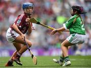 19 August 2018; Kate Ní Riain, Gaelscoil Eiscir Riada Leamhchán, Co Dublin, representing Galway, in action against Laura Black, St. John’s PS, Carnlough, Antrim, representing Limerick, during the INTO Cumann na mBunscol GAA Respect Exhibition Go Games at the GAA Hurling All-Ireland Senior Championship Final match between Galway and Limerick at Croke Park in Dublin. Photo by Eóin Noonan/Sportsfile