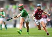 19 August 2018; Niamh Toland, St Patrick's Girls, Carndonagh, Donegal, representing Limerick, in action against Kate Ní Riain, Gaelscoil Eiscir Riada Leamhchán, Co Dublin, representing Galway, during the INTO Cumann na mBunscol GAA Respect Exhibition Go Games at the GAA Hurling All-Ireland Senior Championship Final match between Galway and Limerick at Croke Park in Dublin. Photo by Eóin Noonan/Sportsfile