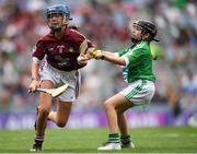 19 August 2018; Kate Ní Riain, Gaelscoil Eiscir Riada Leamhchán, Co Dublin, representing Galway, in action against Laura Black, St. John’s PS, Carnlough, Antrim, representing Limerick, during the INTO Cumann na mBunscol GAA Respect Exhibition Go Games at the GAA Hurling All-Ireland Senior Championship Final match between Galway and Limerick at Croke Park in Dublin. Photo by Eóin Noonan/Sportsfile