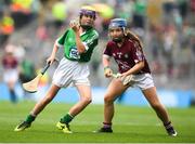 19 August 2018; Ellen Hawes, Stonepark NS, Stonepark, Co Longford, representing Galway, in action against Aine O’Neill, St Malachy’s PS, Castlewellan, Down, representing Limerick, during the INTO Cumann na mBunscol GAA Respect Exhibition Go Games at the GAA Hurling All-Ireland Senior Championship Final match between Galway and Limerick at Croke Park in Dublin. Photo by Eóin Noonan/Sportsfile