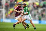 19 August 2018; Ellen Hawes, Stonepark NS, Stonepark, Co Longford, representing Galway, in action against Aine O’Neill, St Malachy’s PS, Castlewellan, Down, representing Limerick, during the INTO Cumann na mBunscol GAA Respect Exhibition Go Games at the GAA Hurling All-Ireland Senior Championship Final match between Galway and Limerick at Croke Park in Dublin. Photo by Eóin Noonan/Sportsfile