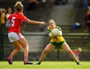 25 August 2018; Karen Guthrie of Donegal in action against Maire O’Callaghan of Cork during the TG4 All-Ireland Ladies Football Senior Championship Semi-Final match between Cork and Donegal at Dr Hyde Park in Roscommon. Photo by Piaras Ó Mídheach/Sportsfile