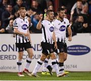 28 August 2018; Michael Duffy, centre, celebrates with his Dundalk team-mates Patrick Hoban, right, and Sean Hoare after scoring his side's first goal during the SSE Airtricity Premier Division match between Dundalk and Shamrock Rovers at Oriel Park in Dundalk, Louth. Photo by Stephen McCarthy/Sportsfile