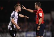 28 August 2018; Sean Hoare of Dundalk exchanges views with referee Robert Harvey during the SSE Airtricity Premier Division match between Dundalk and Shamrock Rovers at Oriel Park in Dundalk, Louth. Photo by Stephen McCarthy/Sportsfile