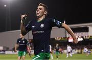 28 August 2018; Dylan Watts of Shamrock Rovers celebrates after scoring his side's winning goal, from a penalty, during the SSE Airtricity Premier Division match between Dundalk and Shamrock Rovers at Oriel Park in Dundalk, Louth. Photo by Stephen McCarthy/Sportsfile