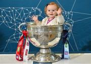 31 August 2018; Penelope Jones, age 9 months, from London, with the Sam Maguire Cup at the GAA Fáilte Abhaile event at Dublin Airport in Dublin. Photo by Seb Daly/Sportsfile